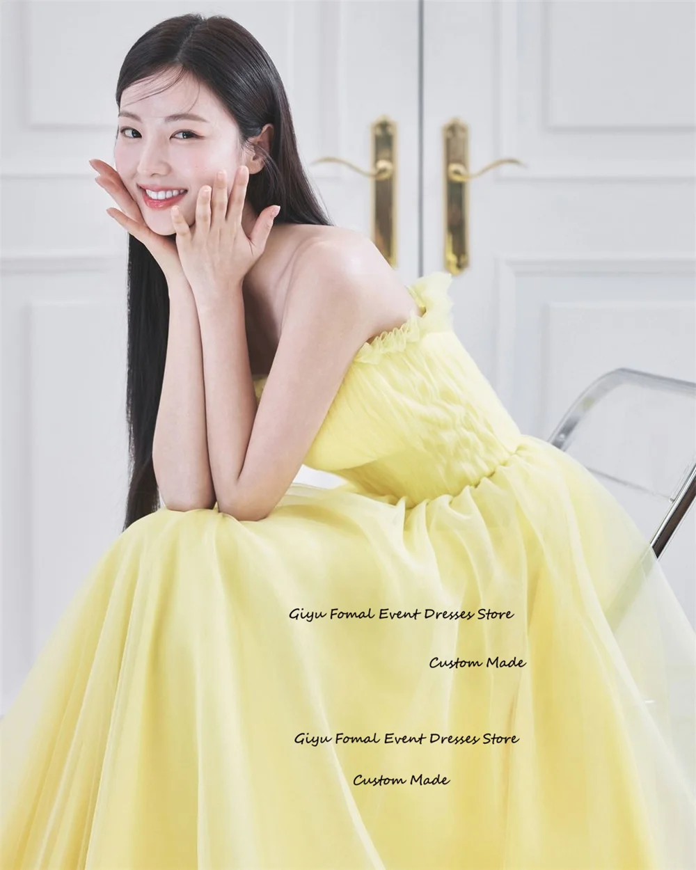 Giyu Fairy Yellow Korea Wedding Dress Photoshoot Strapless A-line Floor-Length Evening Gown Dress Summer Dress