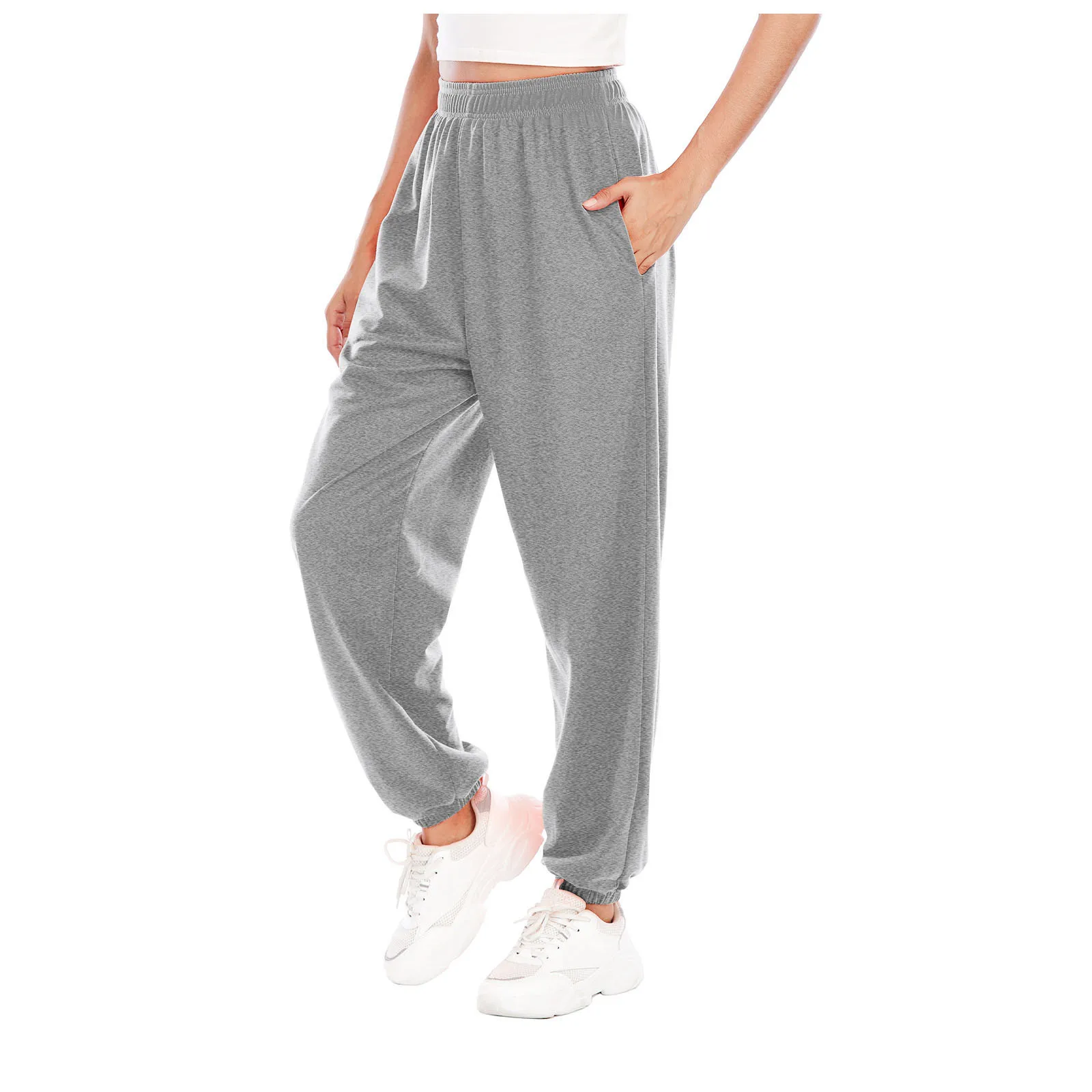 

Women Solid Color Wide Leg Loose Sweatpants Spring Autumn Elastic Waist Pockets Trousers Hip Hop Sports Jogger Streetwear Pant