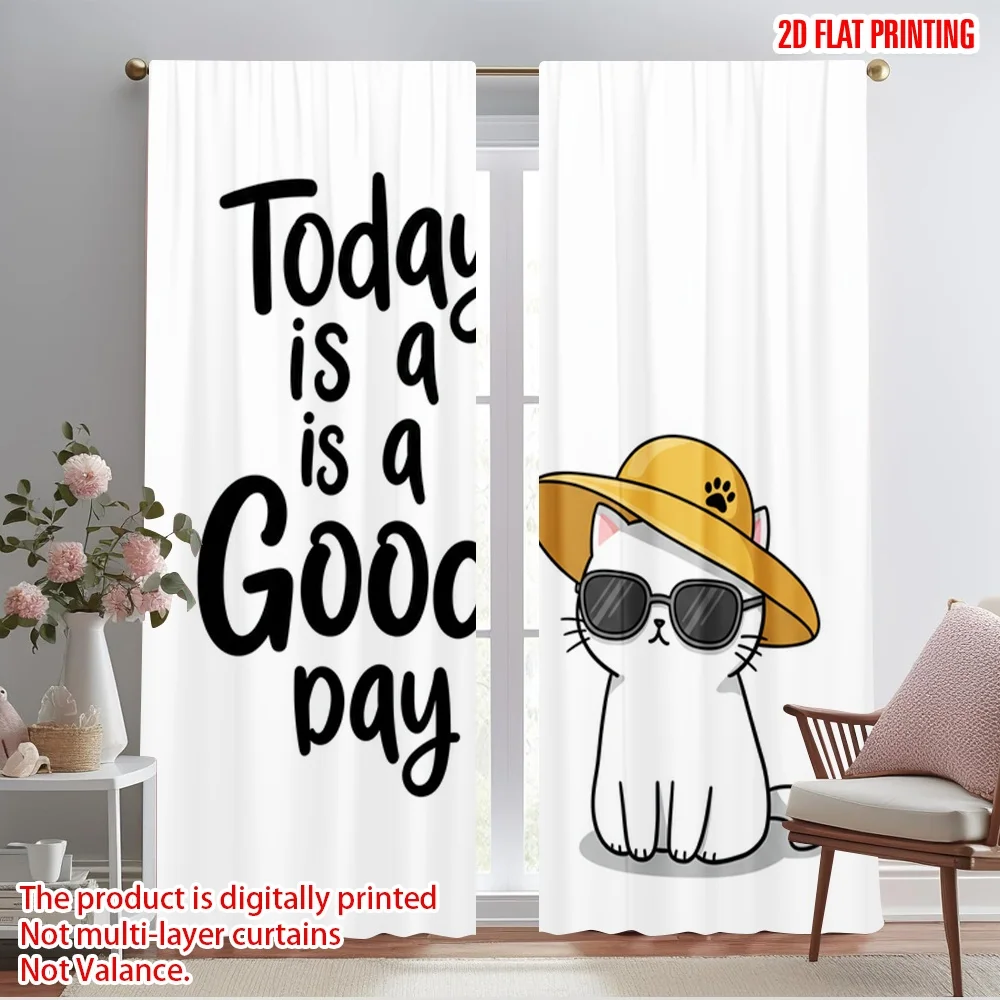 

2pcs 2D flat printing Drapes Cool Cat Summer Day 100% Polyester Fabric Without Electricity 0 Use for All Occasions