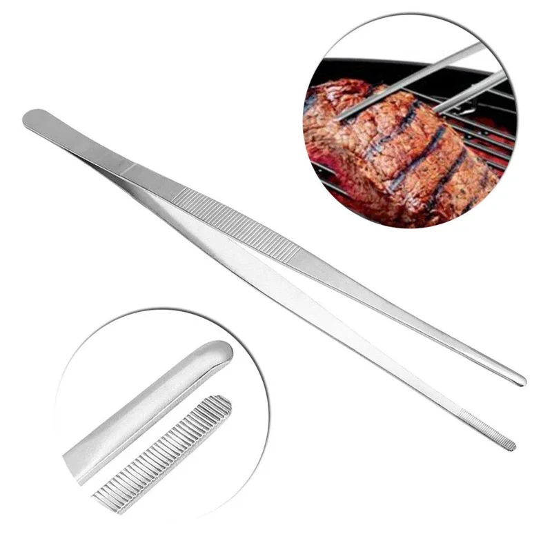 Toothed Tweezers Barbecue Stainless Steel Long Food Tongs Straight Home Medical Tweezer Garden Kitchen BBQ Tool 8 Sizes