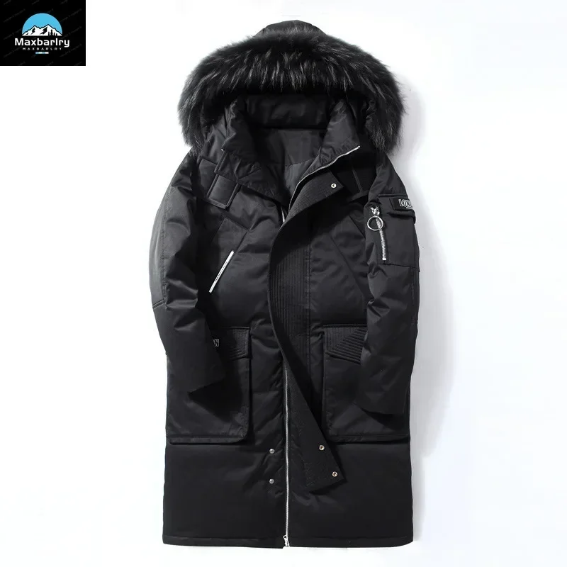 Luxury Long Down Jacket For Men\'s Winter Fashion Casual Fur Collar Hooded Warm Parka Coat Windproof Skiing White Duck Down Coat