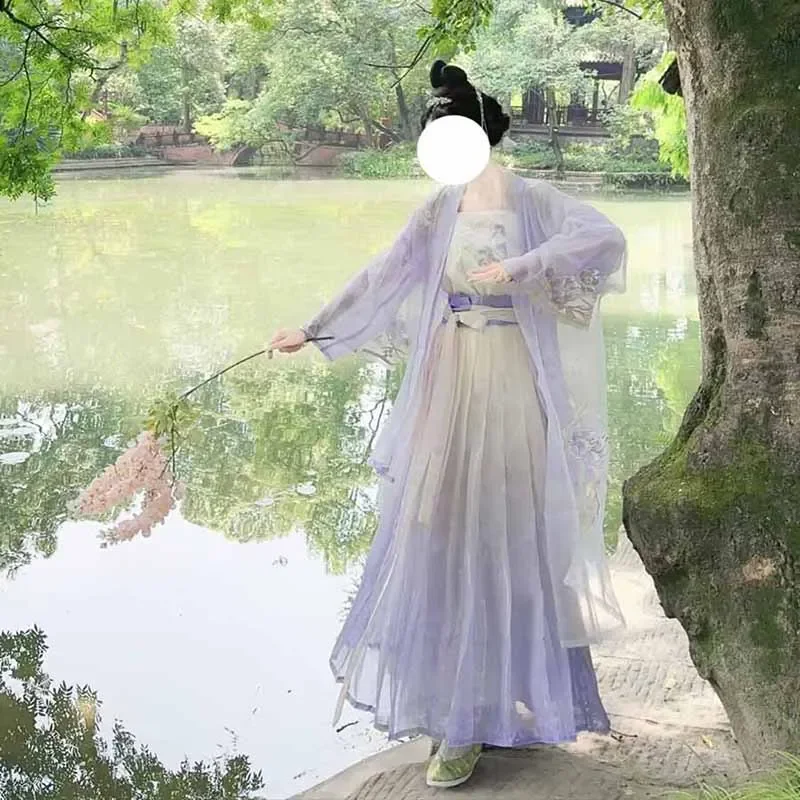 Traje Tradicional Chino Hanfu para Mujer, Disfraz de Cosplay de la Antigua Dinastía Song, Hanfu Morado Estampado de Verano, Traje de 3 Piezas