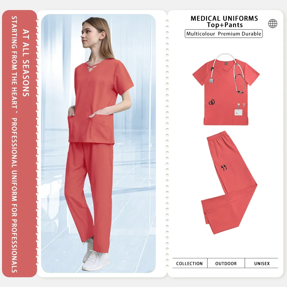 Uniformes de beauté à la mode pour femmes, vêtements de travail de laboratoire de pharmacie, blouses médicales, uniforme de chirurgie pour l'été, médecin, infirmière, haut de soins infirmiers, pantalons