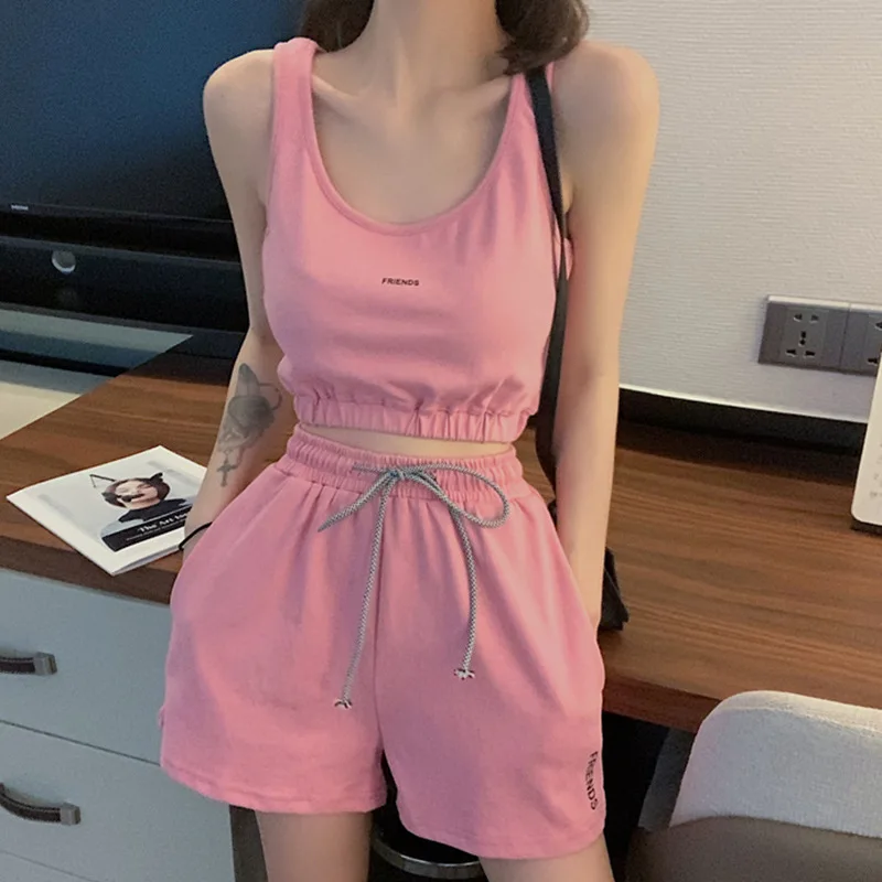 

2pcs Summer Women Clothing Sets Sleeveless Vest+Shorts Sports Suit Solid Color Gym Clothing Sportswear Casual Tracksuit Women