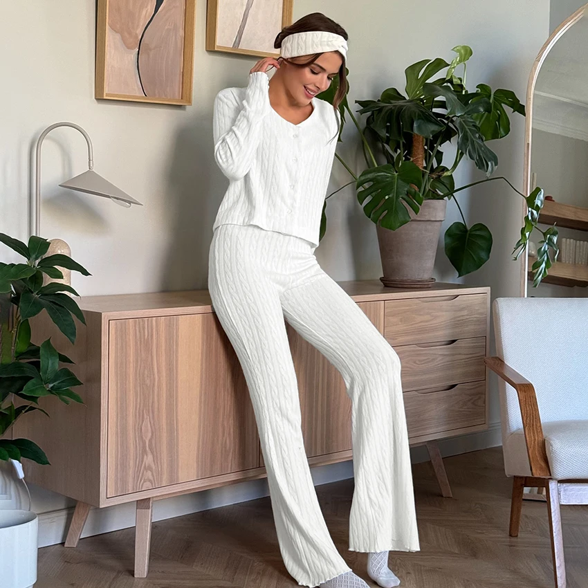 

Hiloc Casual Solid Women'S Pajamas 2-Piece Suit V-Neck Jacquard Striped Long-Sleeve Tops Knit Elastic Waist Trousers Winter 2025