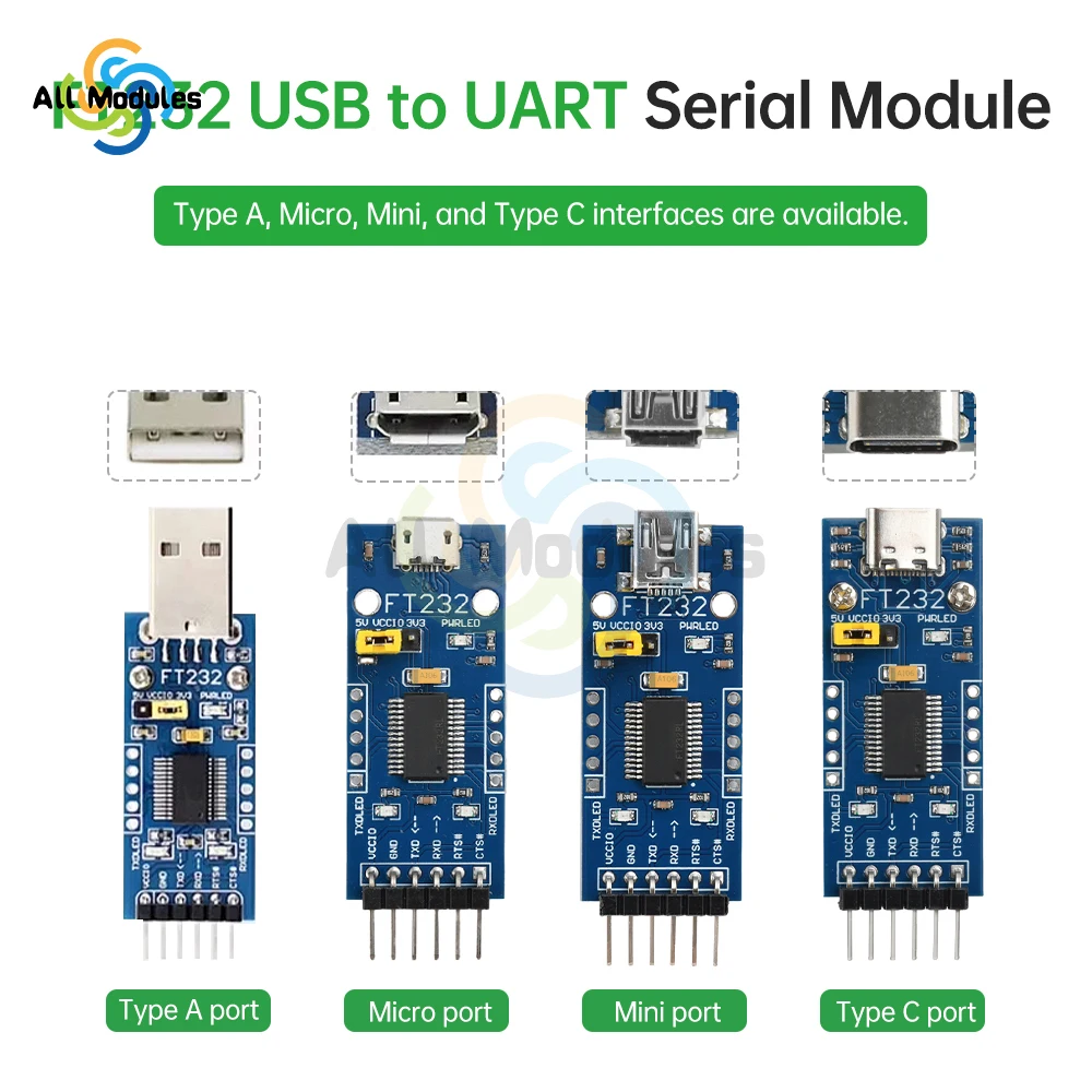 USB to TTL FT232 Serial Communication Module Ft232Rl Chip Blue Board Type-A/Type-C/Mini USB/Micro USB to TTL for Arduino