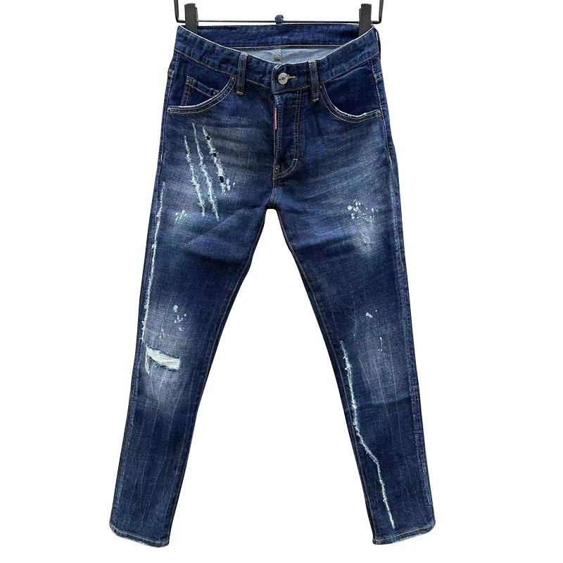 100 chareiharper c066 Men's skinny Skinny jeans Ripped Fabric Non-stretch Paint Splash vintage blue jeans