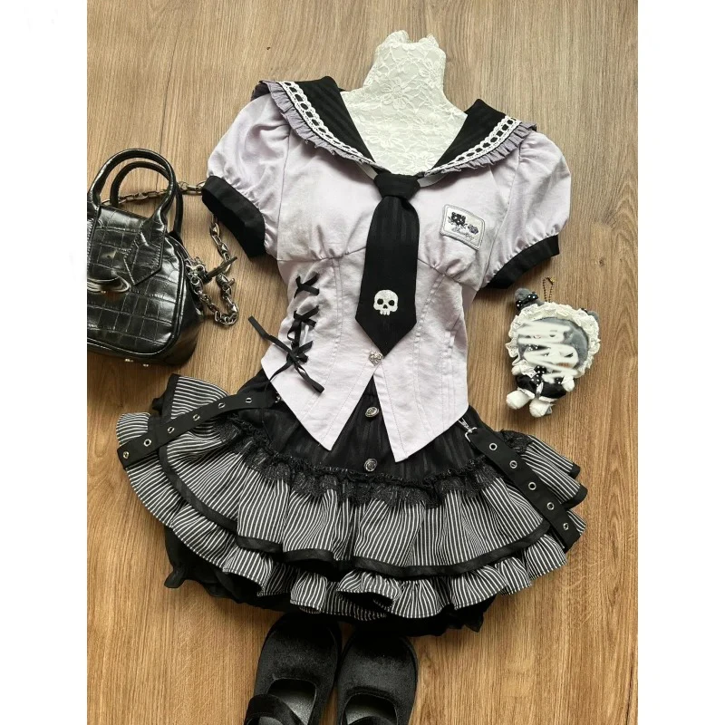 Sweet Gothic Y2k Lolita Uniform 2 Piece Set Japanese Preppy Style Sailor Collar Blouse Women Kawaii Stripe Cake Mini Skirts Suit