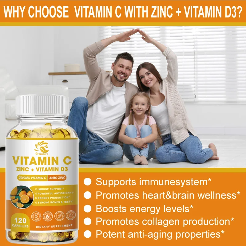 Greensure Vitamin C 2,000 MG with Vitamin D3, Zinc, Rosehips Fruit, Eechinace purpurea - Multi System Immune Support