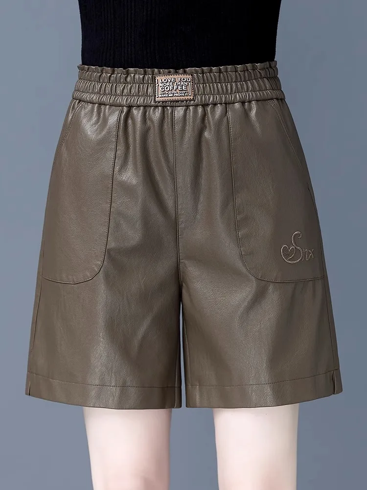 High Waist Wide Leg ort Pants Women's Outerwear Boot Pants Casual Trousers Asymmetric Korean Sle eepskin PU Leather