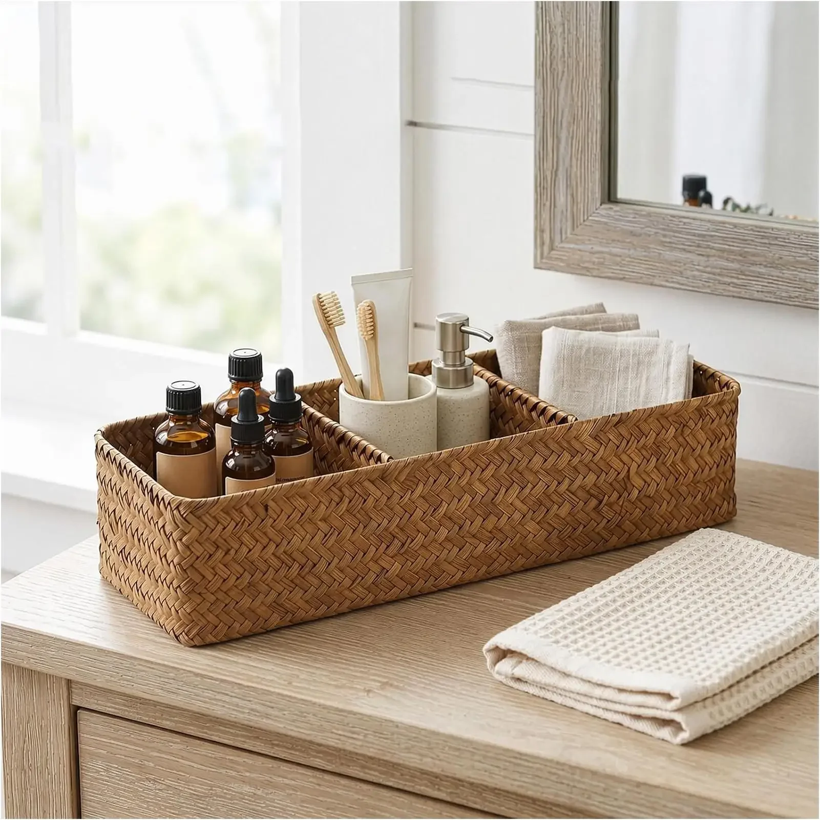 Handwoven Basket 3-grids Vintage Toilet Paper Container Box Desk Partition Baskets for Remote Control Stationery Toiletry