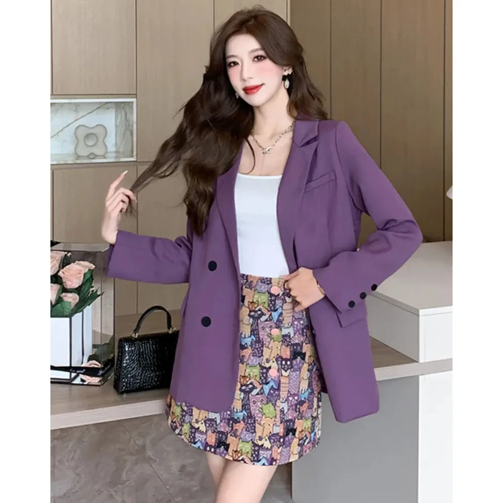 ashion Women Skirs Sets Spring Summer High-end Purple Blazer Jacket Print Skirt Two-piece Suit Ladies Elegant Blazers Coat 2PCS