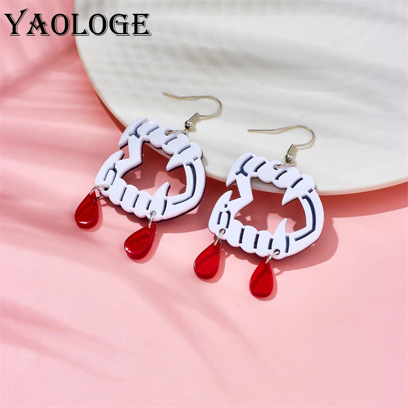 

YAOLOGE Acrylic Exaggerated Fierce Animals Teeth Blood Drop Earrings For Women New Girls Terror Ear Jewelry Holiday Gifts Серьги