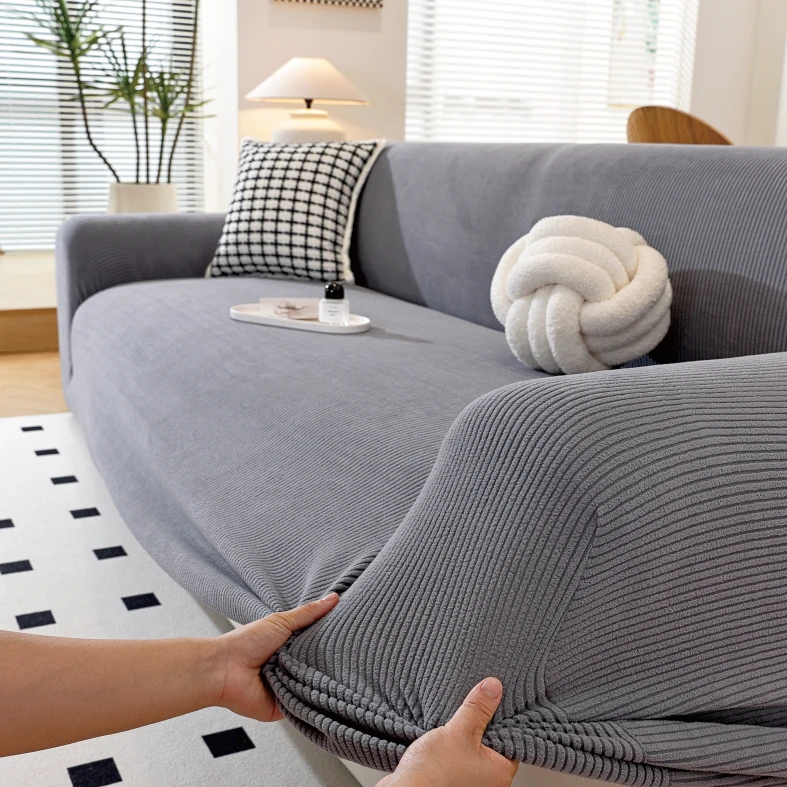 Solid color sofa cover with elastic band design, removable and machine washable, high elasticity, full coverage dust cover