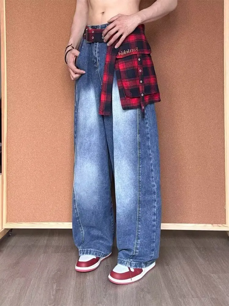 

Джинсы y2k American High Street Plaid Deconstructed Waed Мужские джинсы Весна Осень Новая уличная одежда Широкие длинные брюки Брюки-ножи