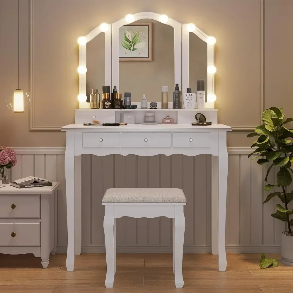 

Vanity Desk with Lighted Mirror and Stool, Vanity Table Set with 5 Drawers, 3 Light Settings, Adjustable Brightness