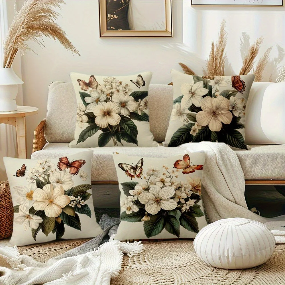 

Vintage Cream Floral & Butterfly Pillowcase: Elegant Rustic-Themed Cushion Cover for Soft Modern Home Sofa Decor