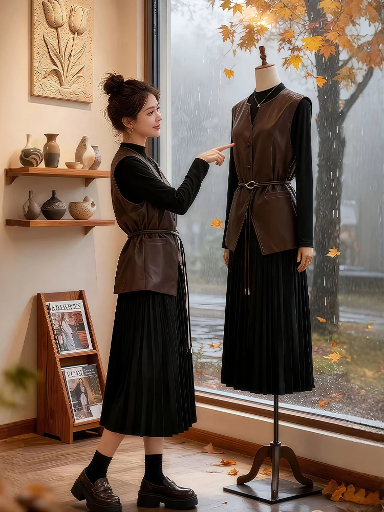 

Autumn Faion PU Leather Vest And Pleated Dr Set plus Size Women Brown Color Layered Base Dring Korean Sle Outfit
