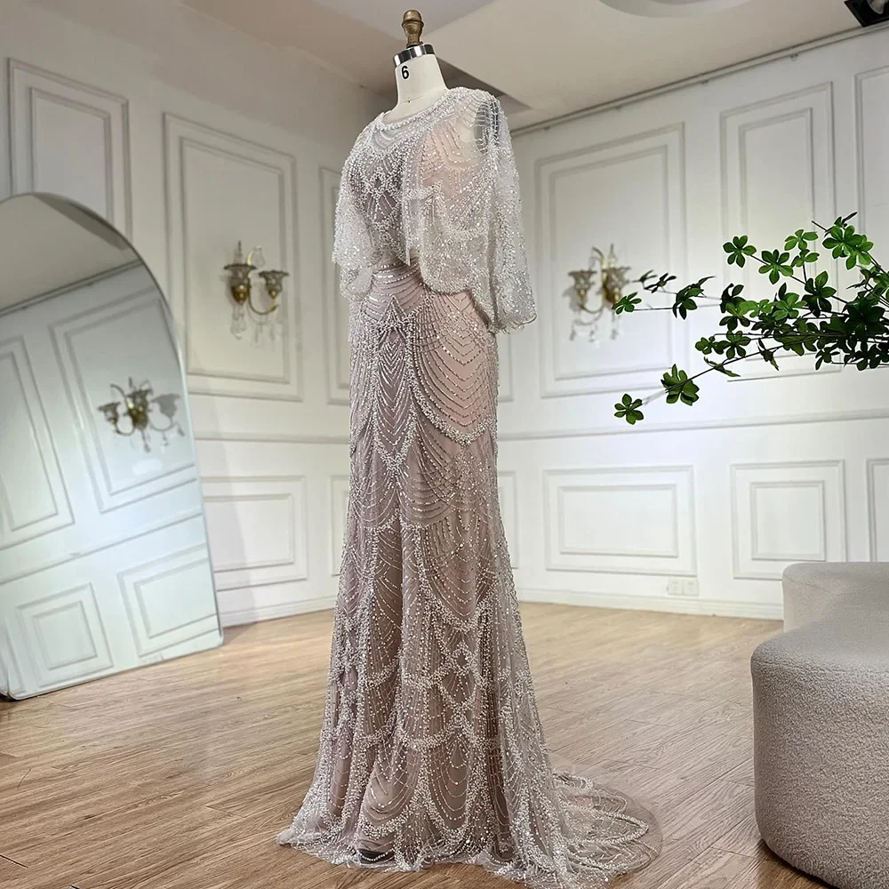 Serene Hill 2024 White Nude Mermaid Beaded Luxury Evening Dress with Shawl for Formal Occasion Saudi Customize BLA72462