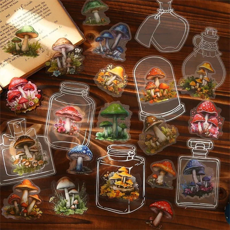 30Pieces PET Sticker Mushroom bottle Retro Material mushroom Handbook Supplies Background Scrapbook stickers 136*100mm