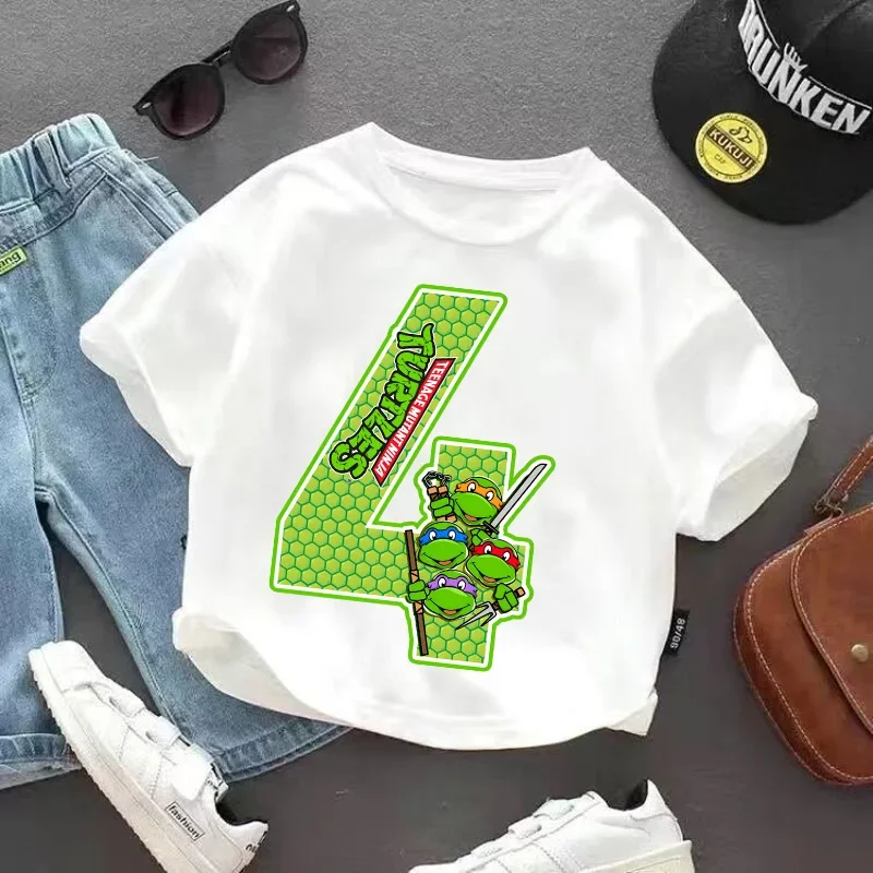 Teenage Mutant Ninjas Turtles Anime T-shirt Summer Kids Clothes Birthday Digit 1-9 Tees Children Cotton Short Sleeve Boys Gift