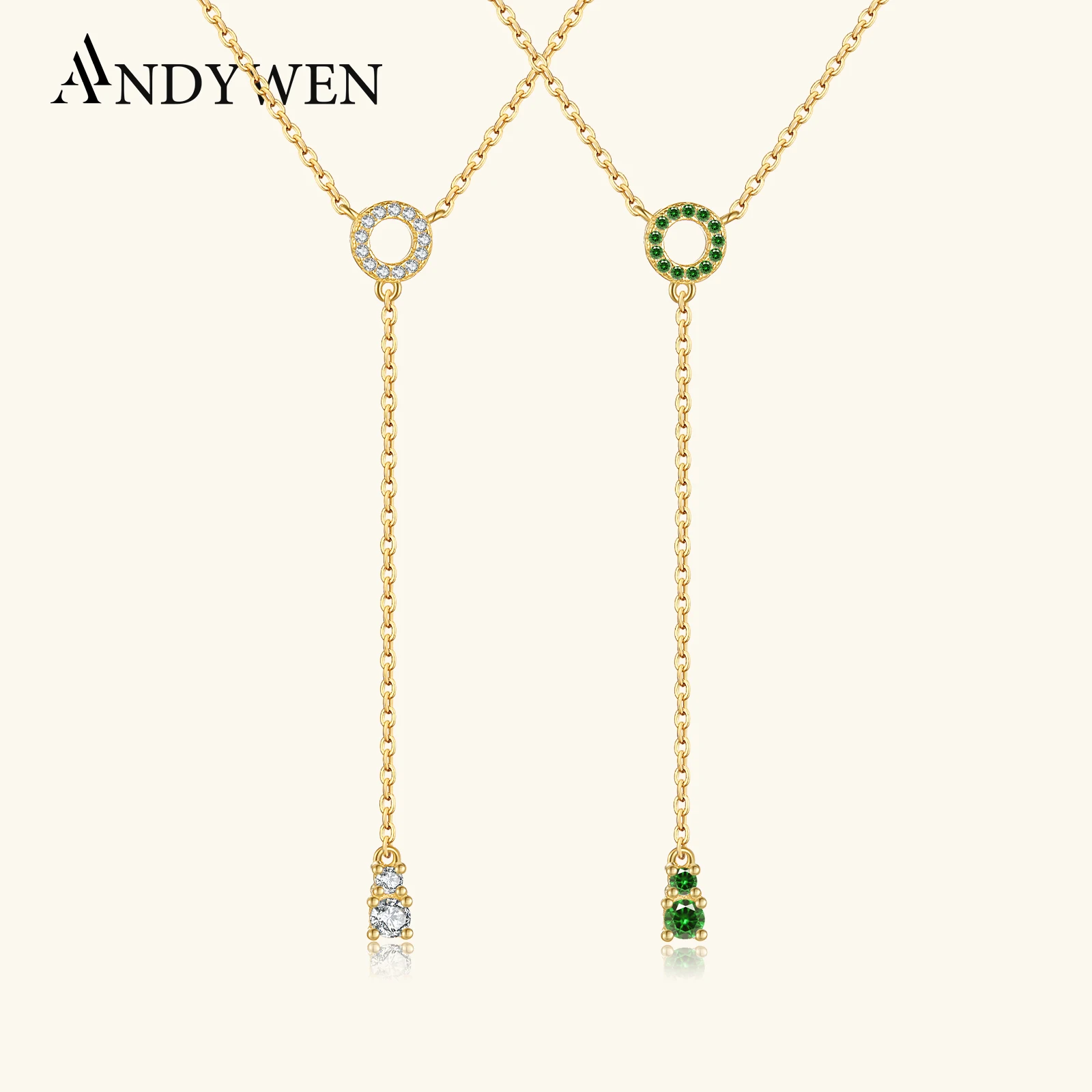 ANDYWEN 925 Sterling Silver Gold 2 Circle CZ Pendant Long Chain Choker Necklace 2023 Spring Women Wedding Fine Jewelry Gift