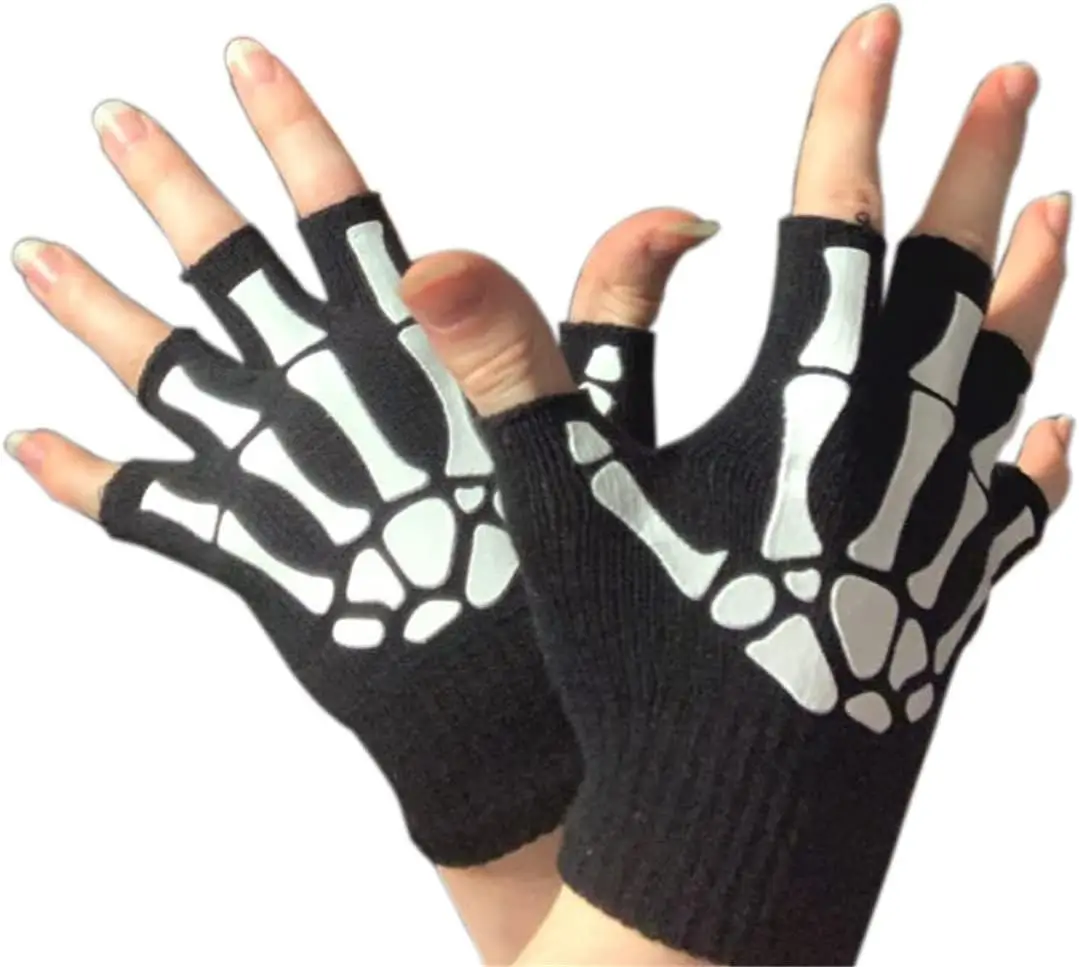 Criança crianças halloween esqueleto luvas sem dedos crescer crânio metade dedo luvas estiramento malha luvas traje de halloween
