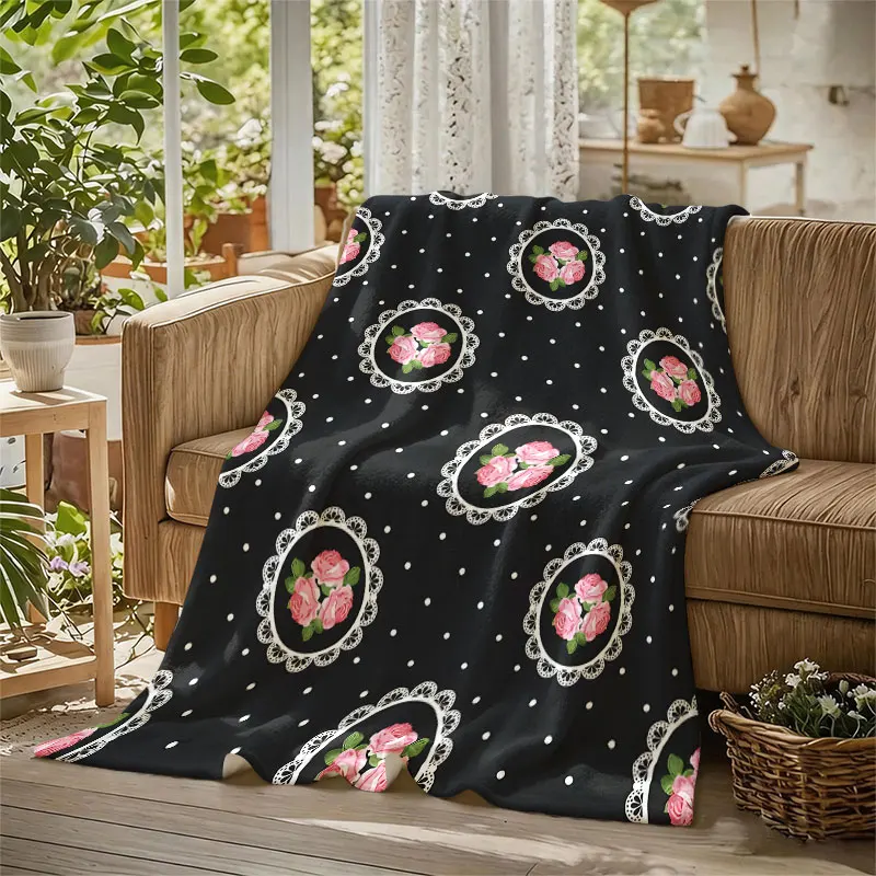 Lace Frame Rose Polka Dot Flannel Blanket Warm Soft Halloween Christmas Decorative Couch Warm Cozy All-Season Gift
