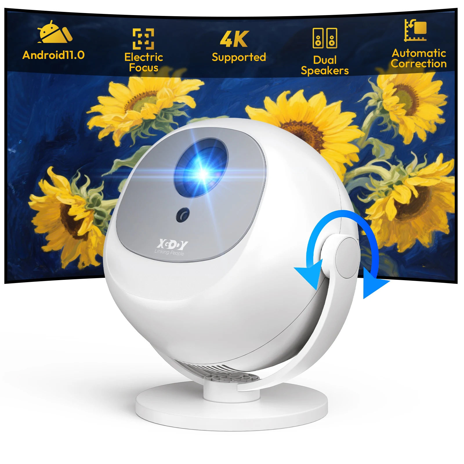 ​XGODY 350 ANSI 4K Portable Android Projector Native 720P/1080P WiFi6 Bluetooth 50% Zoom Electric Focus for Home Theater