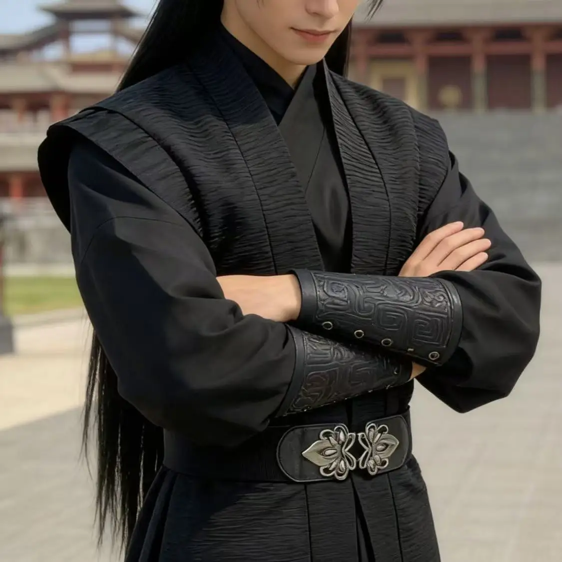 Dark Black Wuxia Hanfu Men's Traditional Chinese Clothing Ming Dynasty Dark Pattern Long Robe Halloween Royal Cosplay Costume