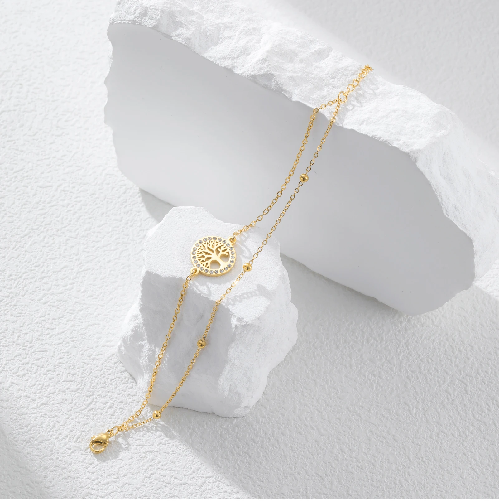 CoolTime Baum des Lebens Ring Zirkon Damenarmbänder Edelstahl Doppelketten Schmuck Goldfarben Mode Amulett Geschenk – Detail 12