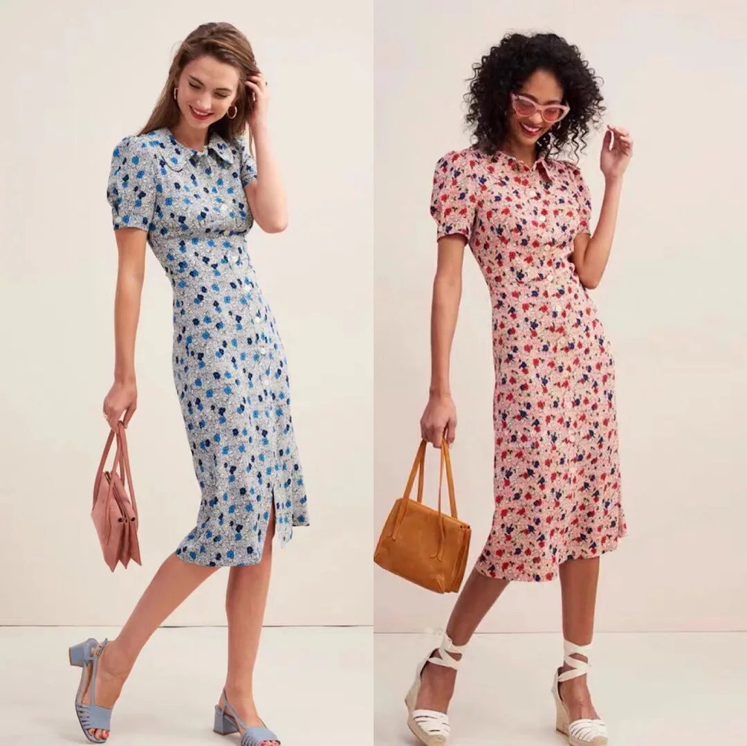 

Bubble Sleeve Doll Collar Dress, Retro French Style, Pink Small Blue Flower Medium and Long Dress Summer Dress