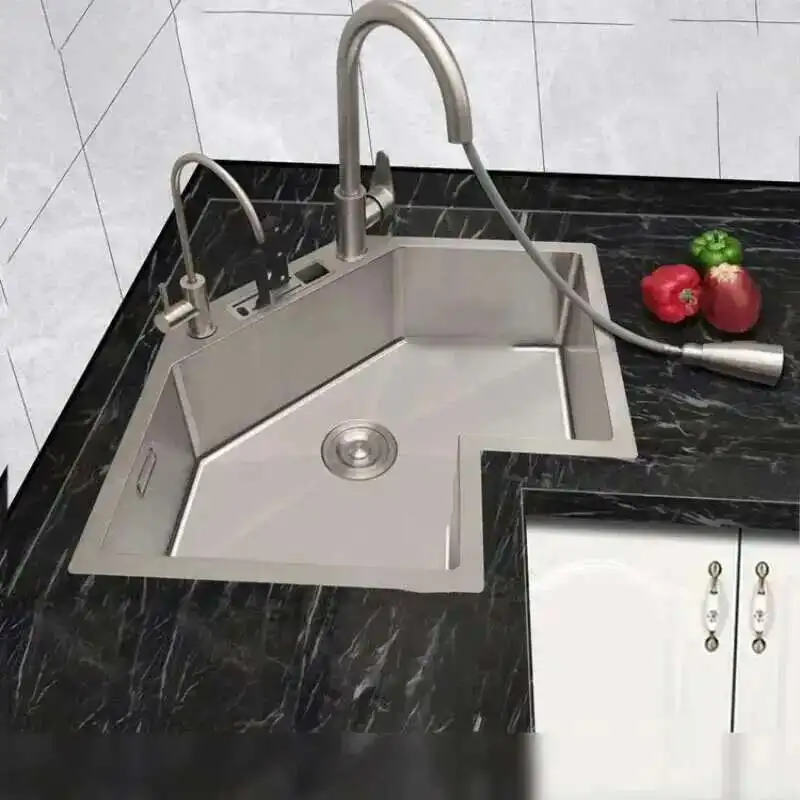 

Современная маленькая квартира L-образная специальная мойка из нержавеющей стали, угловые кухонные мойки, большая одинарная раковина, кухонные аксессуары