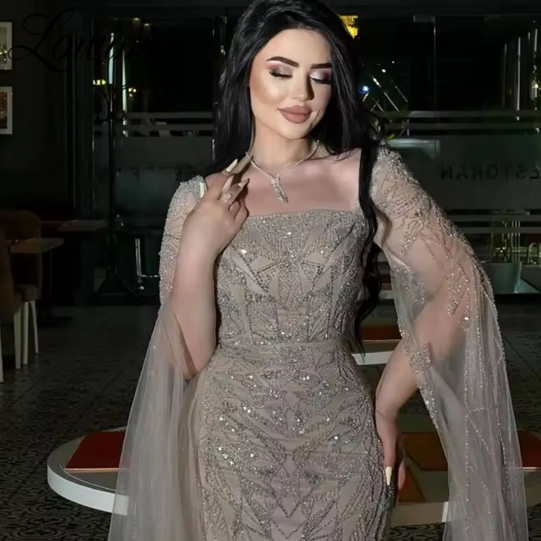 Customized Arabic Dubai Nude Cape Sleeves Women Evening Dress Beaded Formal Wedding Party Gown Customized 2025 Long Prom Dresses