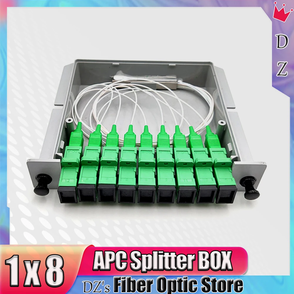 PLC Fibra Óptica Splitter Box, SC APC, 1X8 FTTH Cassette Connector, SC UPC Cassette, Inserção Tipo, Kit de Comunicação, Sem Fonte de Luz