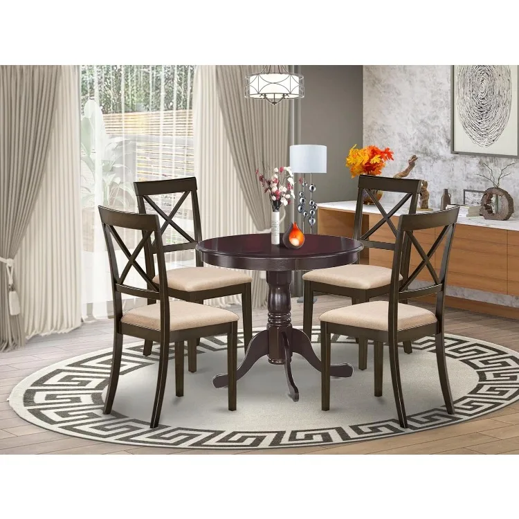 Wooden Dining Table Set- 4 Amazing Dining Room Chairs with Linen Fabric seat and A Mid Century Dining Table (Cappuccino Finish)