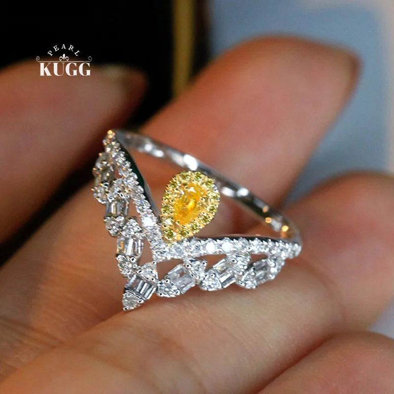 

KUGG 100% 18K White Gold Rings Luxury Romantic Style Real Natural Yellow Diamond Engagement Ring for Women High Party Jewelry