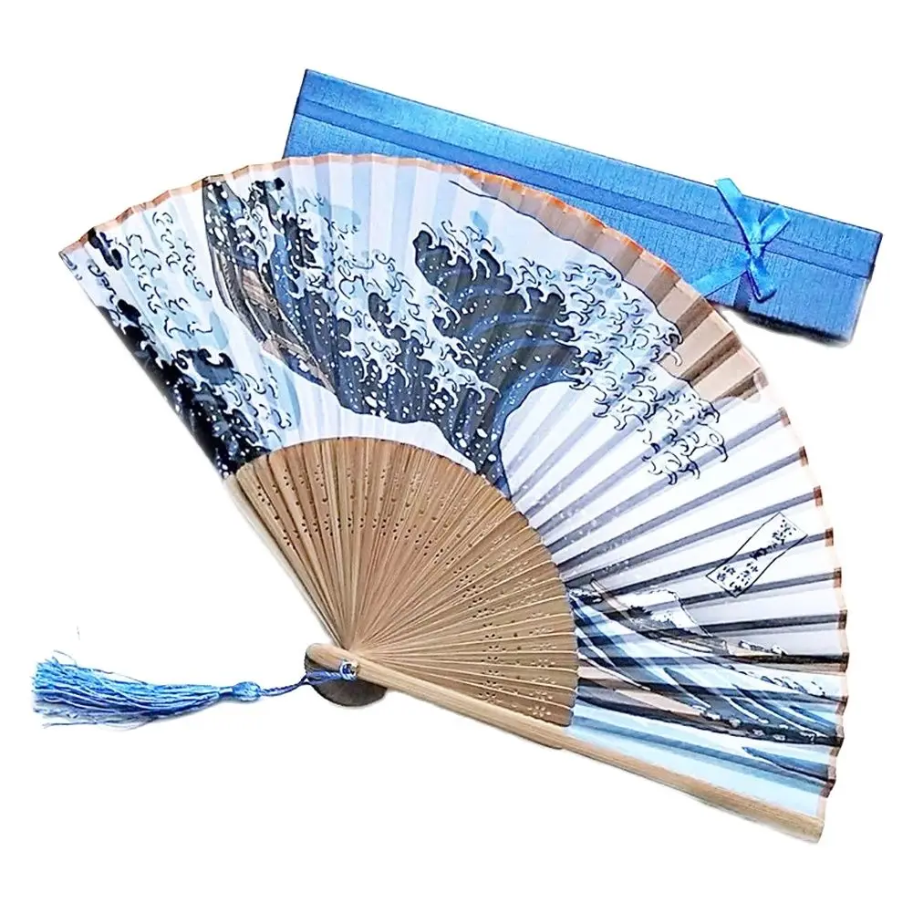 Japanese Folding Fan Bamboo Hand Fan Luxury Kanagawa Wave Tassel Women DIY Wedding Party Gift Dance Performances Decoration Prop