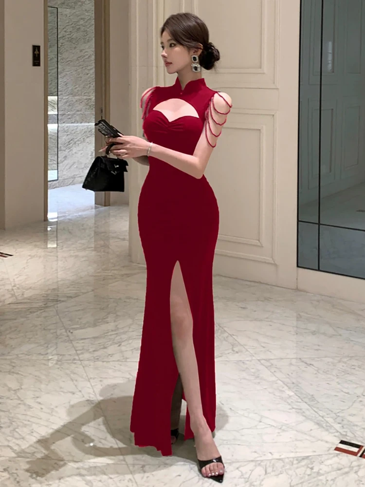 RORIRI เซ็กซี่ตัดพู่ Neo-จีน Cheongsam ผู้หญิง STAND COLLAR จีบ Bodycon แยก Mermaid ชุดยาว Retro PARTY ชุด