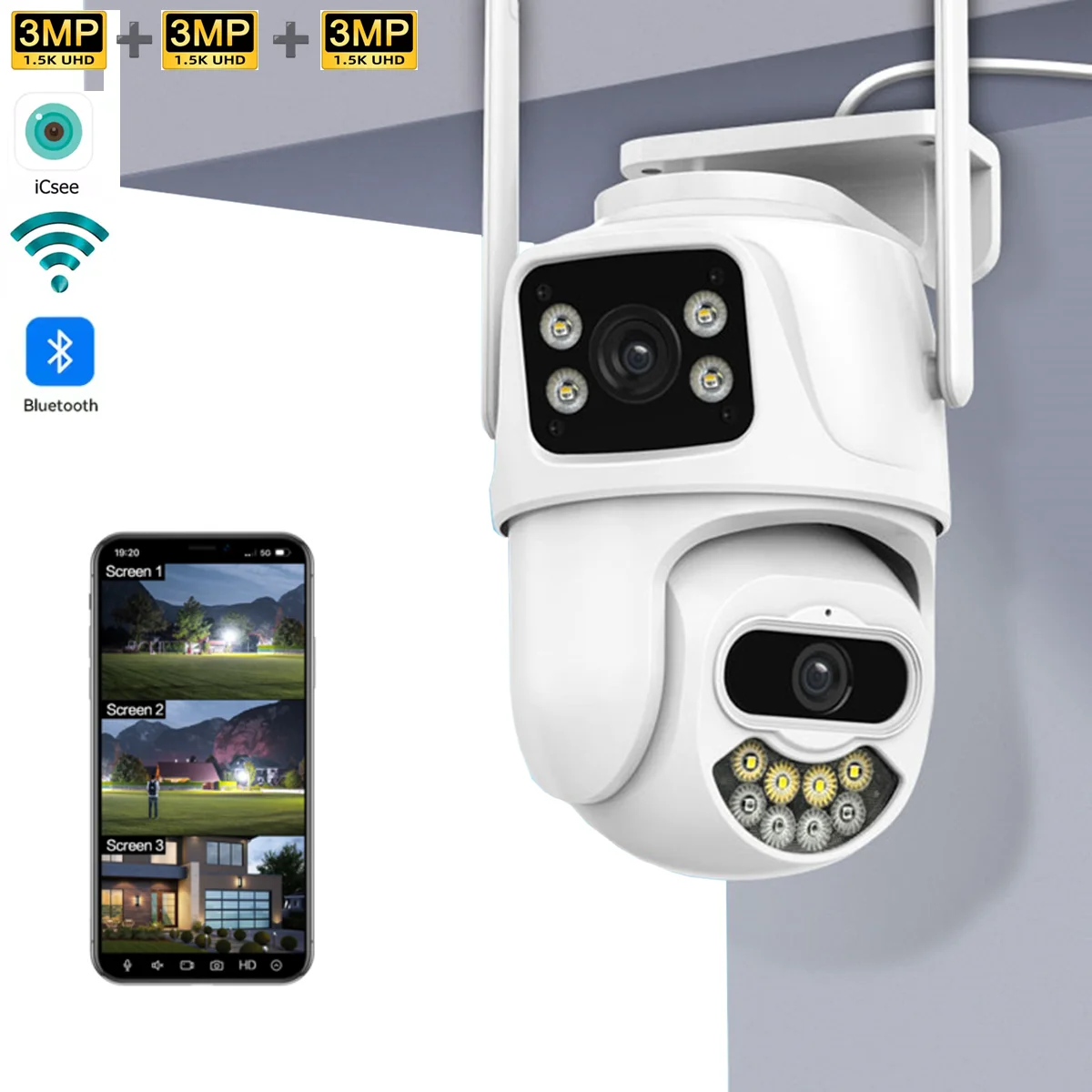 

Профессиональная система PTZ-камеры с 3 объективами, 9 МП, AI-обнаружение человека, ночное видение с двойной подсветкой, H.265, двустороннее аудио, облако iCSee