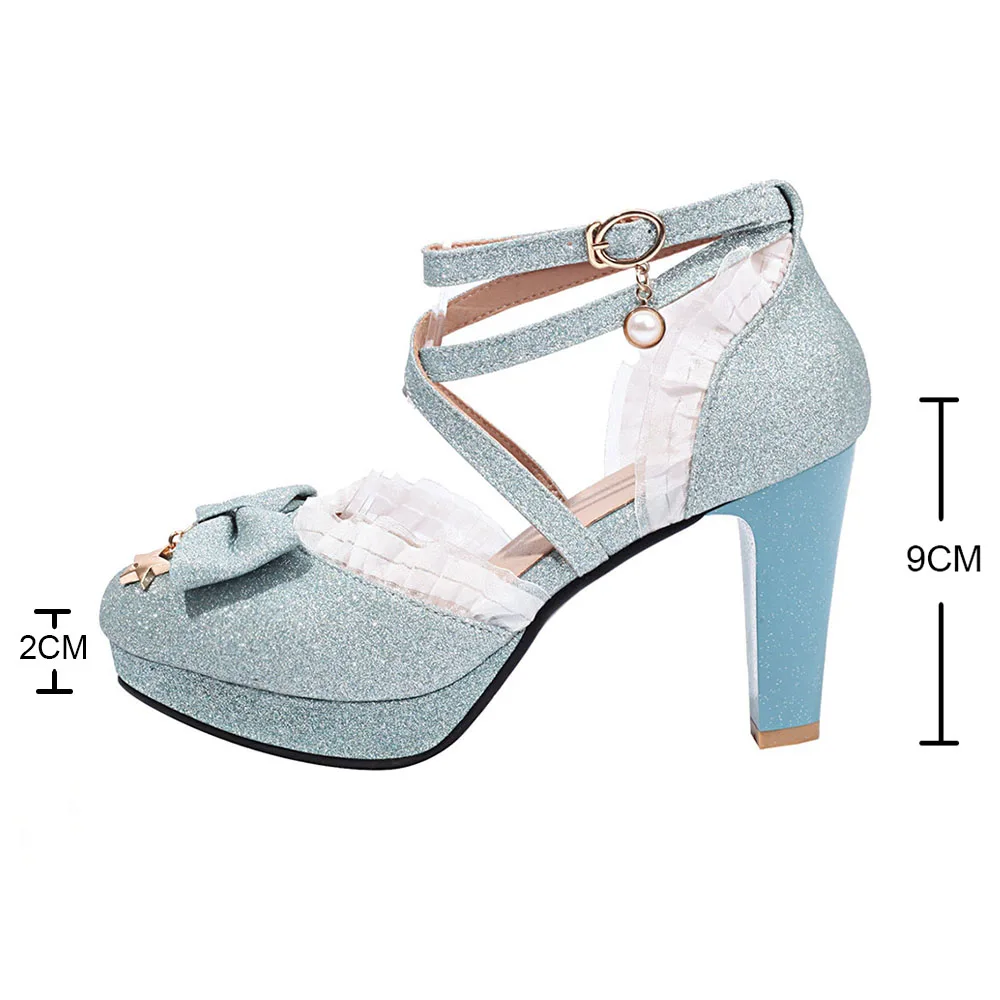 2024 New Super High Heeled Sweet Lolita Gothic Style Cosplay Shoes Girls Lovely Bow Tie Ruffles Women Pumps Lace Cross Strap