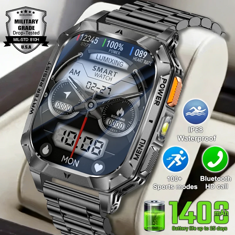 

Прочные военные смарт-часы с аккумулятором 1400 мАч, AMOLED-экраном, водонепроницаемостью IP68, фонариком, отслеживанием здоровья и фитнеса