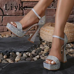 Liyke Designer Crystal Rhinestone High Heels Sexy Sandals Women Thick Bottom Square Open Toe Wedding Party Chunky Platform Shoes