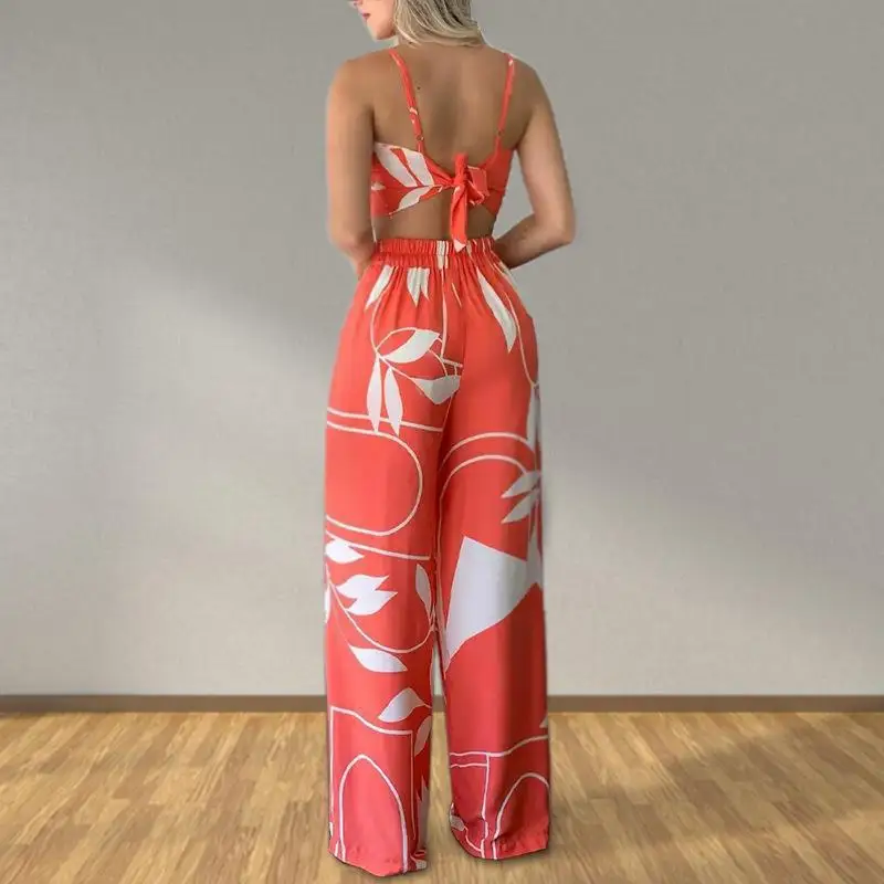 Summer Women Tropical Print Spaghetti Strap Casual Lace Up Back Top &High Waist Pants Set 2 Pieces Suit Sets 2025 Woman Clothing