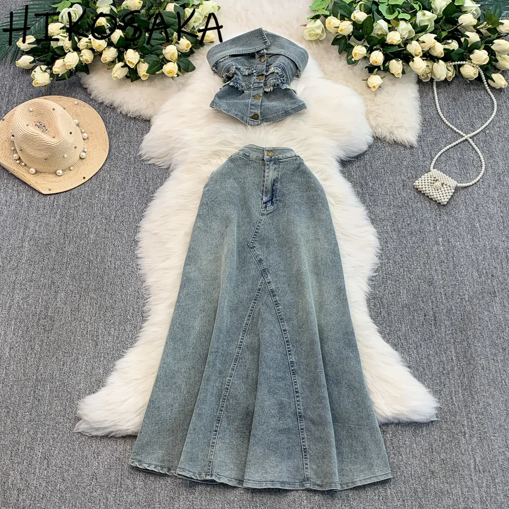 

American Vintage Elegant Slash Neck Tassel Single Breasted Slim Tube Top Vintage High Waist A-line Skirts Spring Summer Suit