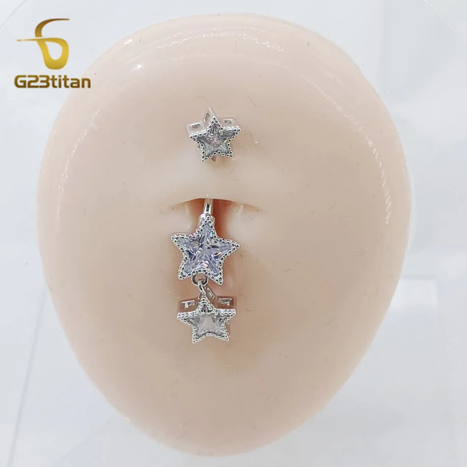 G23titan Zircon Stars Dangle Belly Button Ring 14G 6-16mm Titanium Bar Hypoallergenic Navel Piercings Women Sexy Jewelry Ombligo