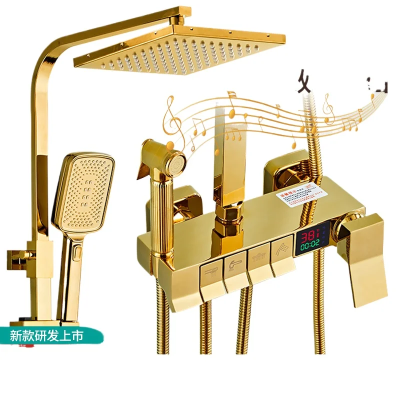 

European shower shower nozzle set, gold piano button intelligent constant temperature digital display