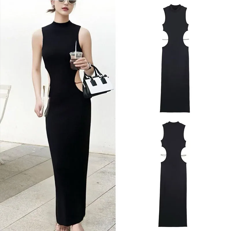 2025 New Women's Fashion Versatile Slim Fit Black Dress with Cut-Out Design and Jewelry Accents, Long Style