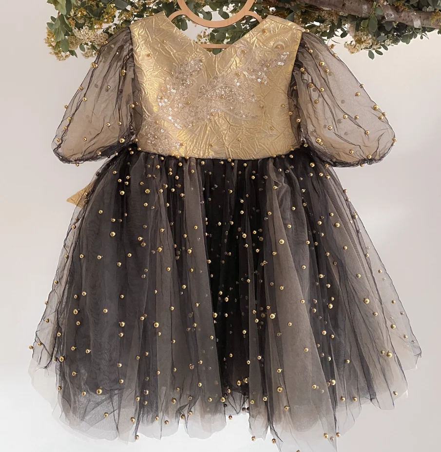 Black Ball Gown Flower Girl Dresses with Gold Pearls Bow Puffy Little Princess Pageant Dress Toddler First Gowns Birthday Dress