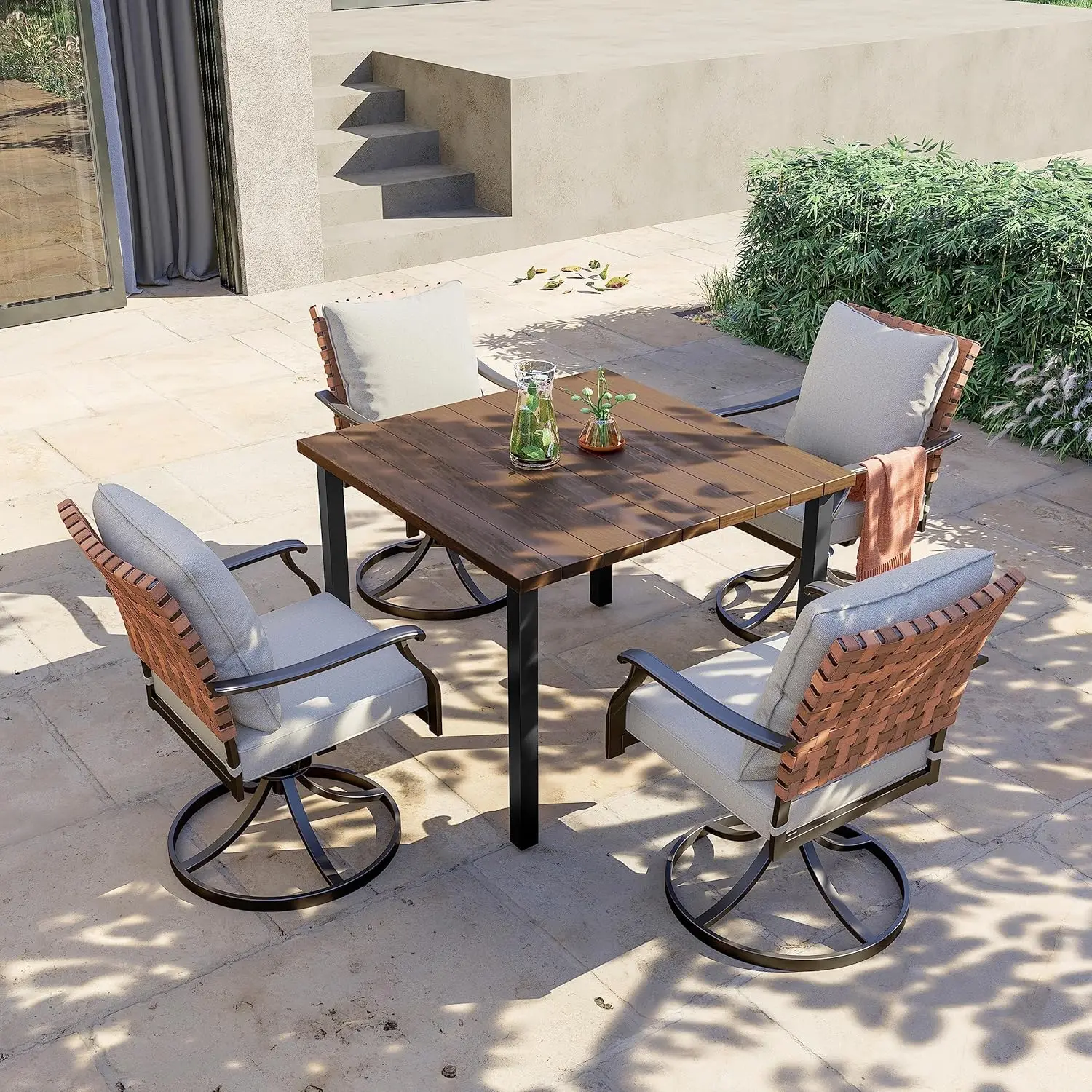 Grand patio 5-Piece Outdoor Dining Set, 4 Leather-Look Wicker Swivel Patio Chairs & 1 Square Woodgrain Dining Table, Brown